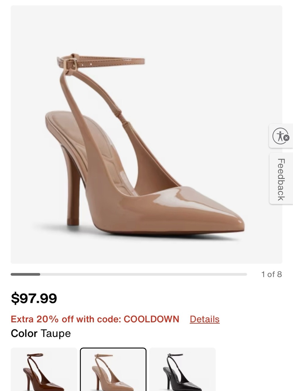Aldo Taupe Patent Pointed Pump with Ankle Strap